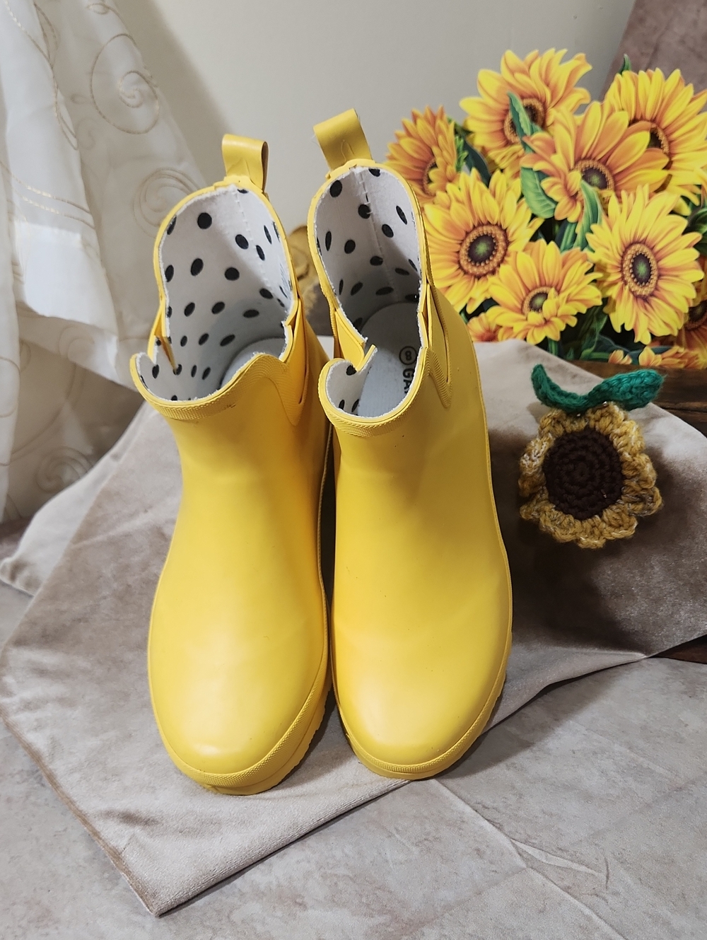 Yellow Women's Chelsea Rain Boots with Polka Dot Lining